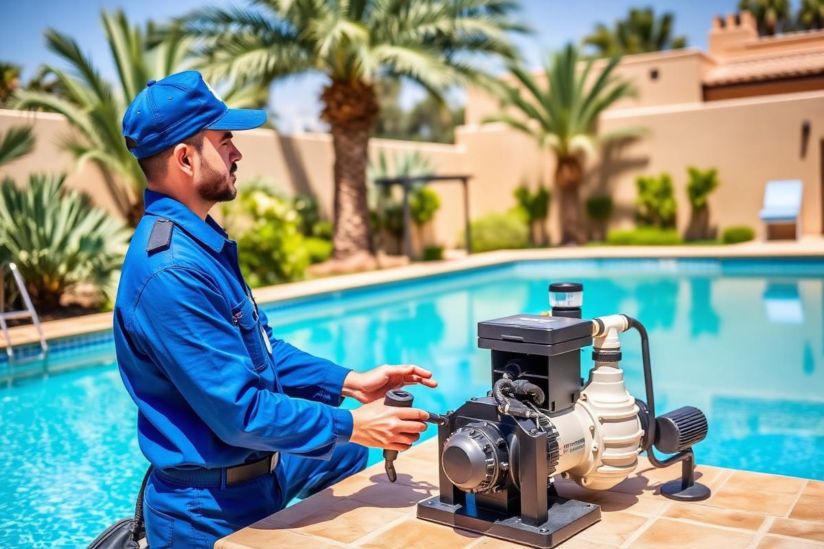 Technicien AquaClimPro entretenant la pompe et la filtration d'une piscine